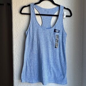 GapBody Womens S Racerback Tank Top Blue Stripe Linen Blend Shelf Bra Pocket